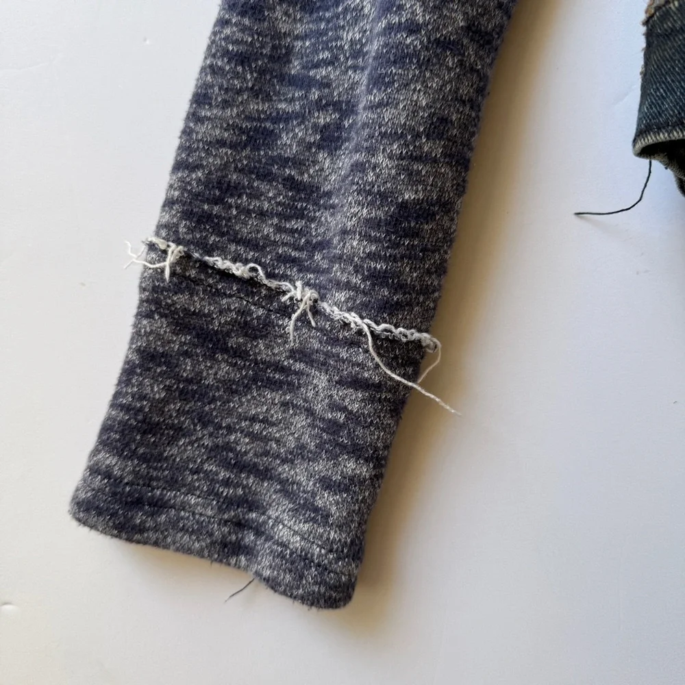 Free People Dark Denim Jean Jacket with Heathered Gray Knit Sleeves